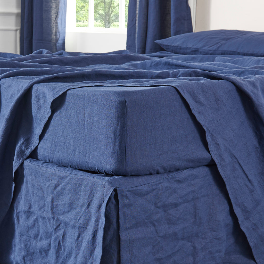 Linen Indigo Blue Fitted Sheet on Bed