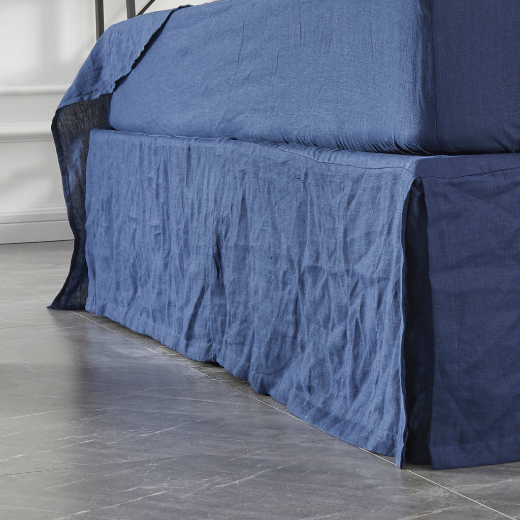 Close Up Of Indigo Blue 100% Linen Bedskirt With Split Corner - linenforce