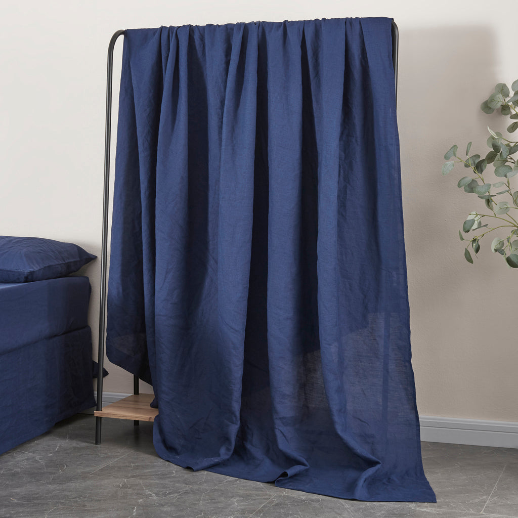 Indigo Blue 100% Linen Flat Sheet on Shelf - linenforce