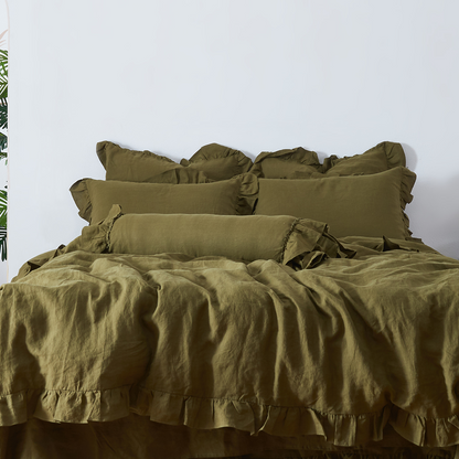 Olive Green Linen Ruffle Hem Bolster Cushion on Bed