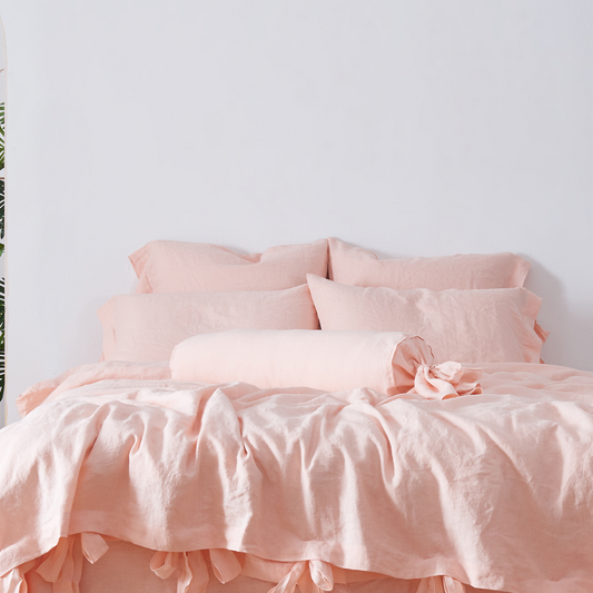 Peach 100% Linen Bow Ties Pillowcases On Bed - linenforc