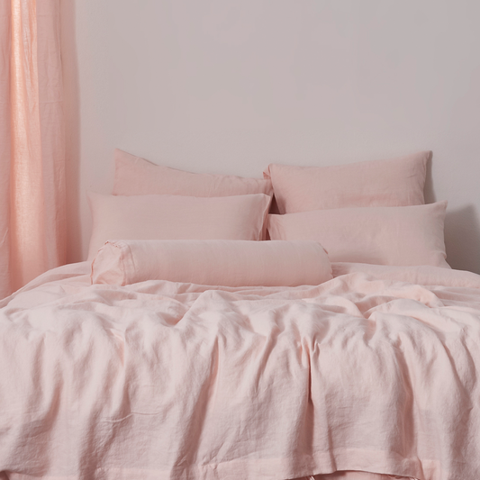 Peach 100% Linen Plain Bolster on Bed - linenforce