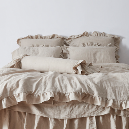 Natural Linen Bolster Pillow, Pillowcases and Duvet Cover with Ruffle Hem