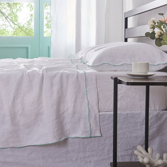 100% Linen Flat Sheet with Embroidered Aqua Edge Detail