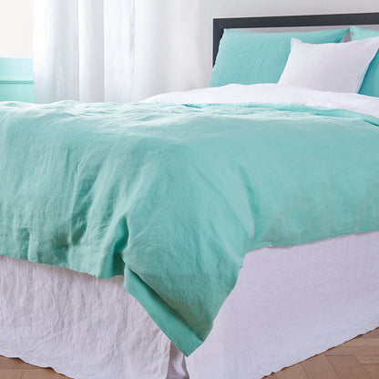 Bottom of Two Tone Linen Duvet Cover in Aqua Green and White