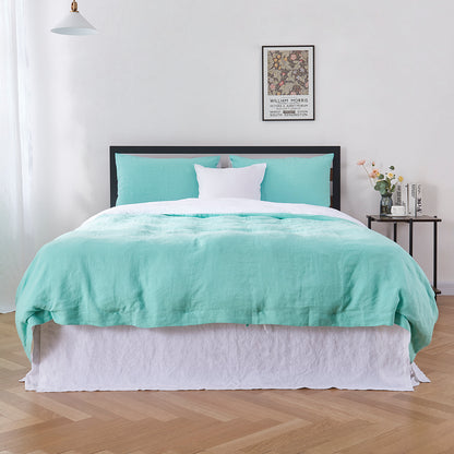 Aqua Green and White Two Tone Linen Duvet Cover and Pillowcases on Bed