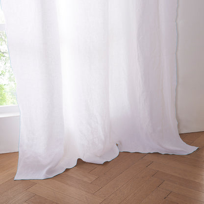 Embroidered White Linen Curtain Aqua Edge