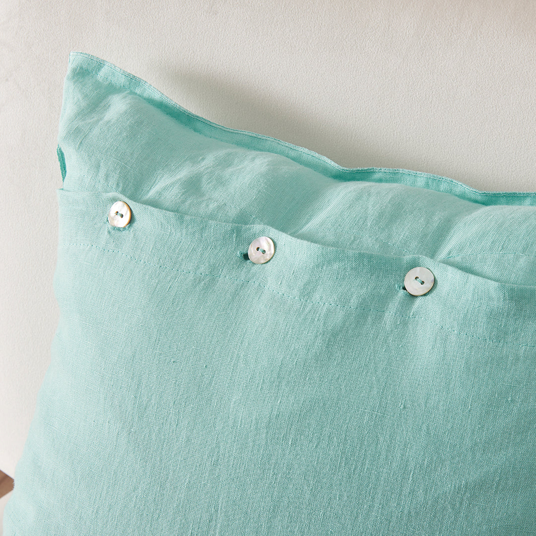 Button Closure on Aqua Green Linen Pillowcase