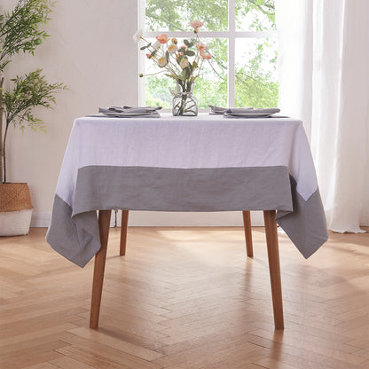 White and Alloy Gray Color Bordered 100% Linen Tablecloth on Table