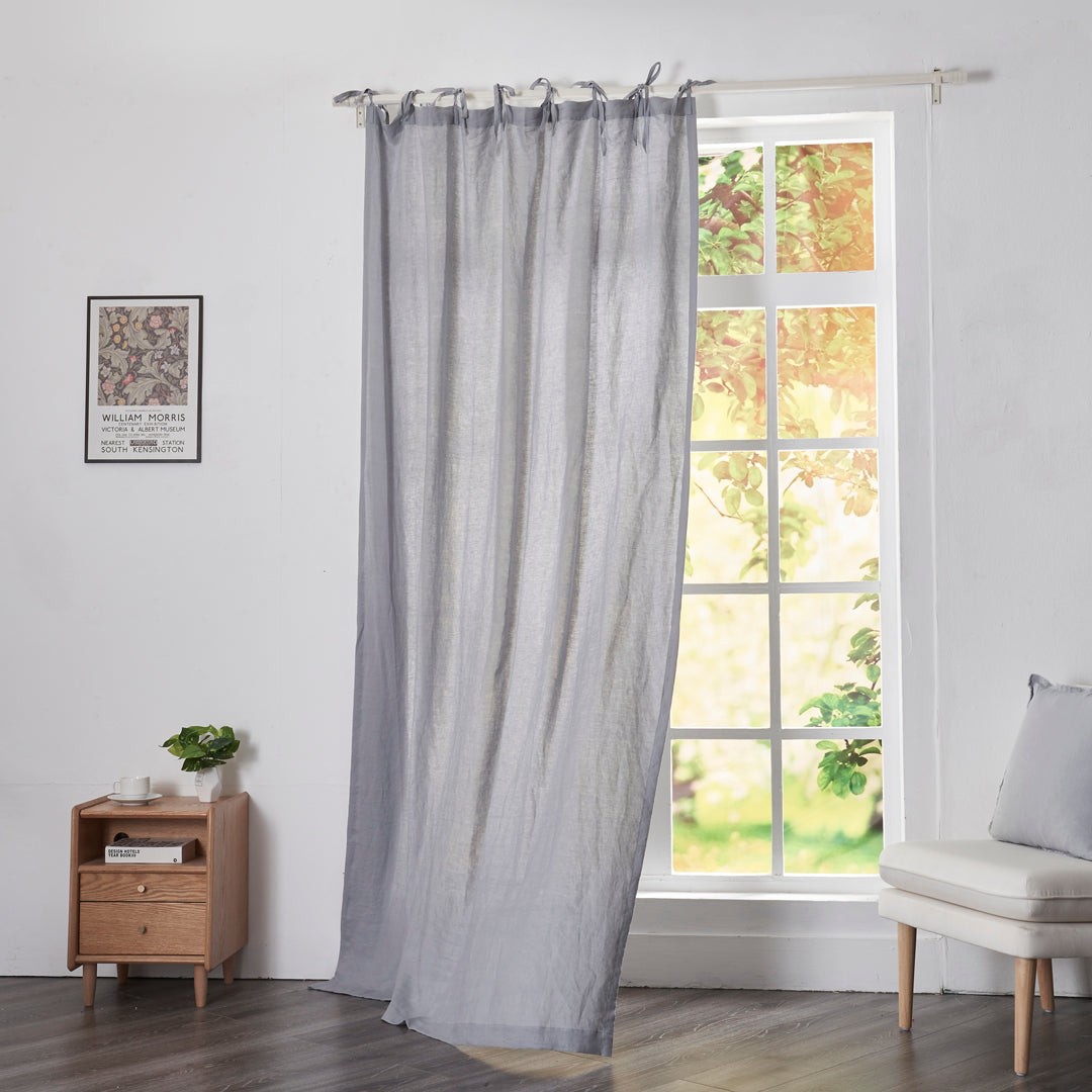 Alloy Gray Linen Drapery With Tie Top on Window
