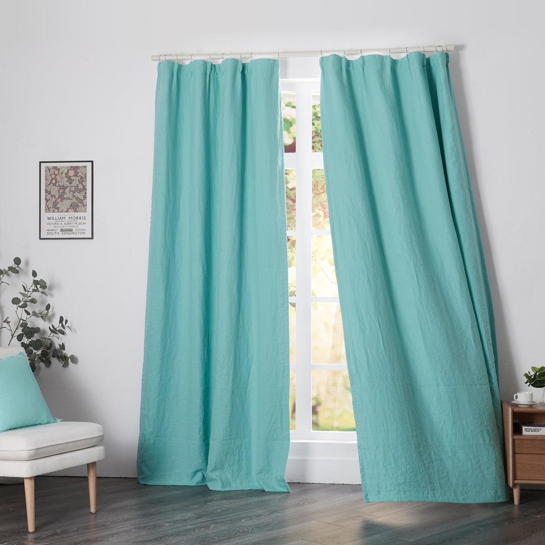 Aqua Green Linen Drapery With Blackout Lining Window Curtains