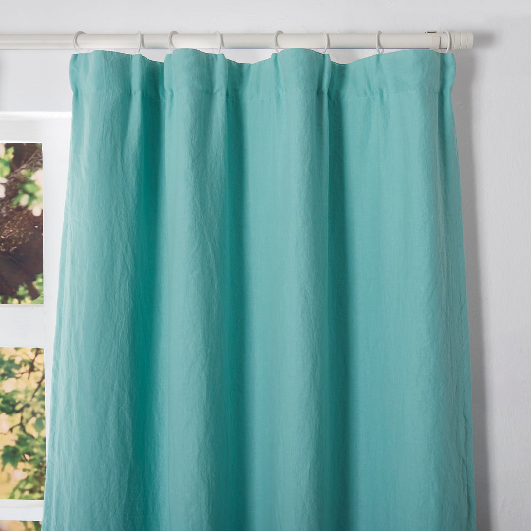 Aqua Green Linen Drapery With Cotton Lining Hung with Curtain Ring Hooks