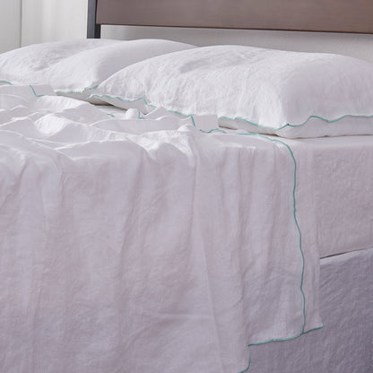 White Linen Flat Sheet with Embroidered Aqua Edge 