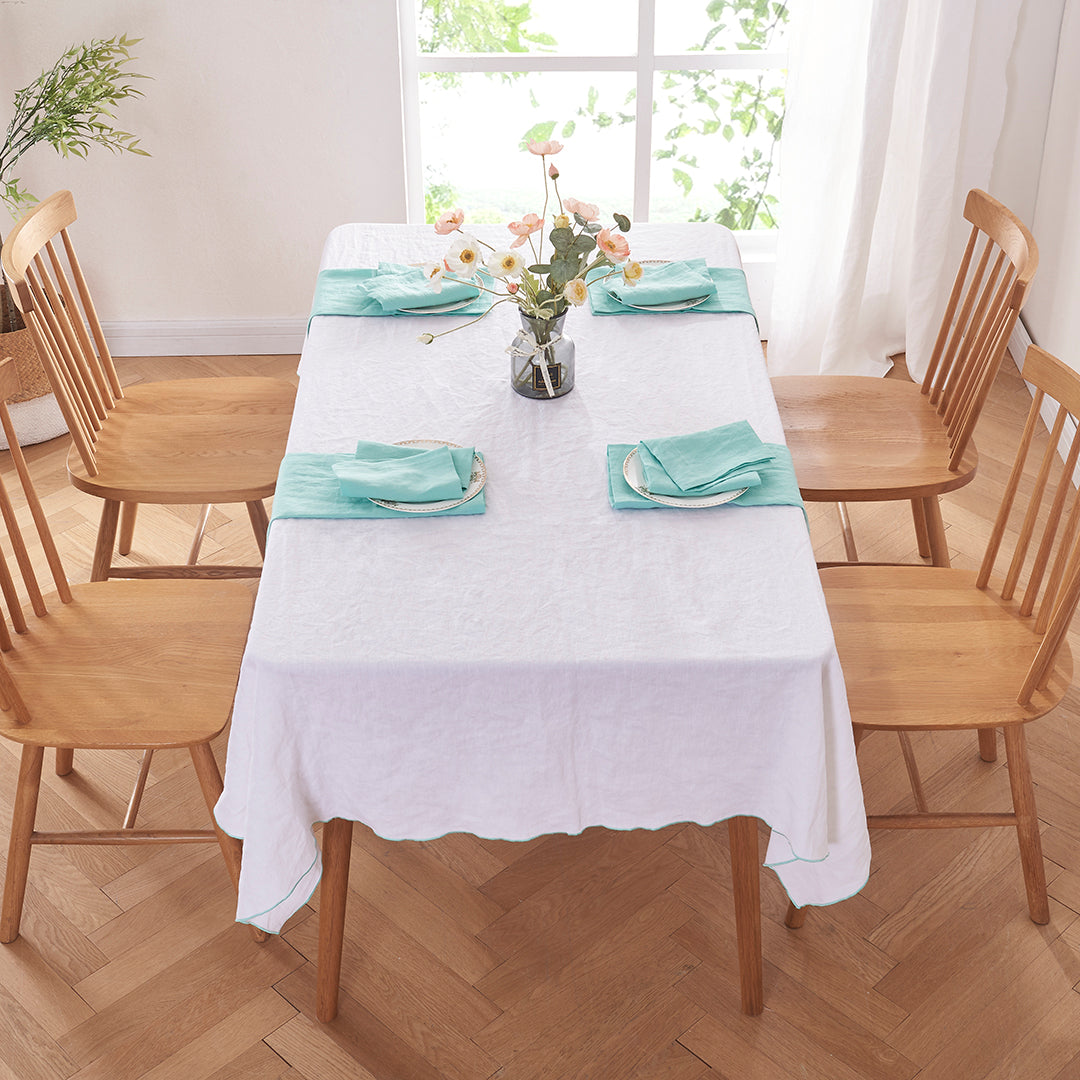 Table Set with Aqua Green Edge Embroidered White Linen Tablecloth