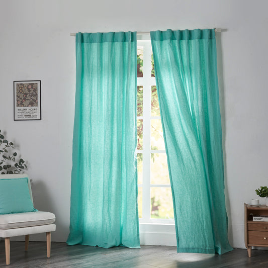 Aqua Green Linen Drapery With Cotton Lining Window Curtains