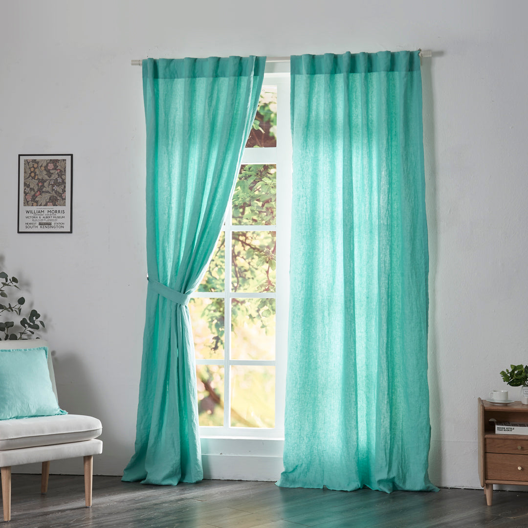 Aqua Green Linen Drapery With Cotton Lining on Window