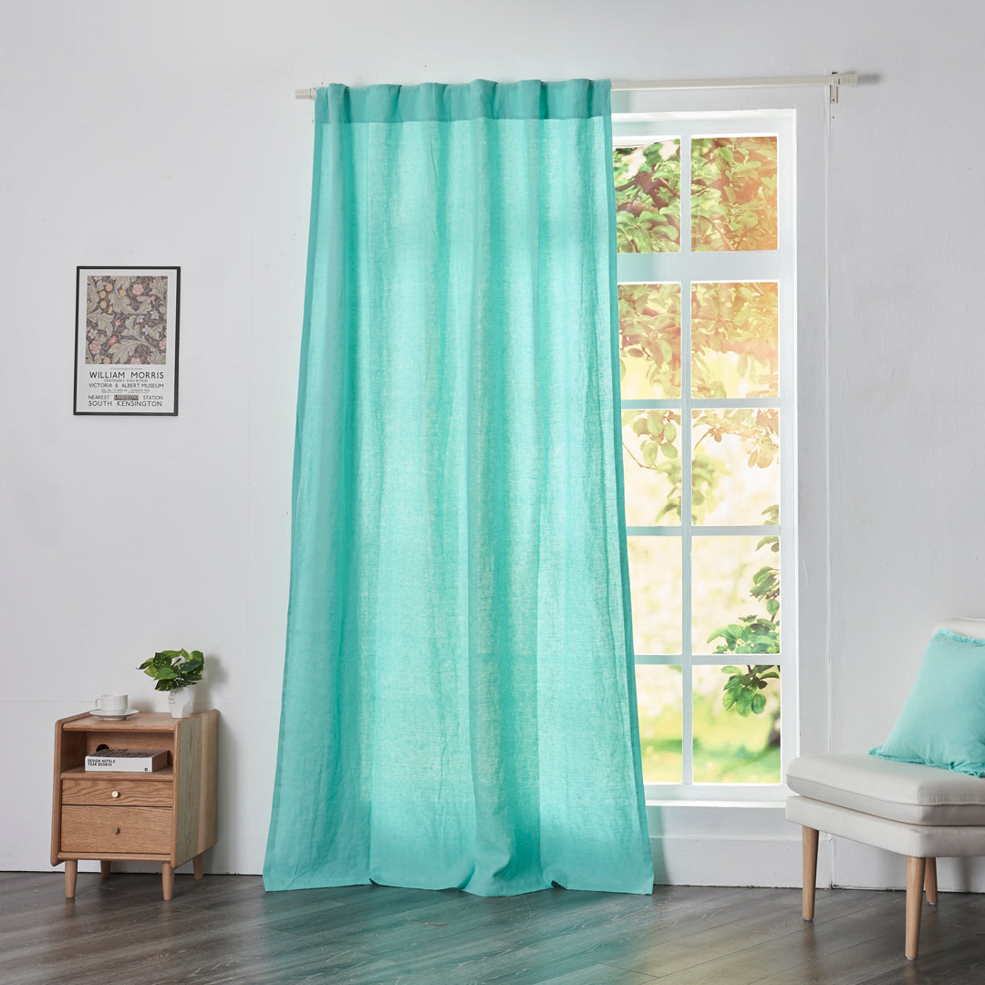 Aqua Green Linen Drapery With Back Tab on Window