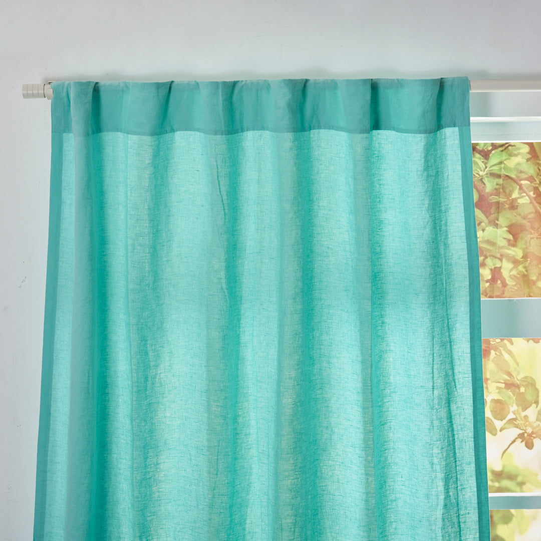 Aqua Green Linen Curtain with Back Tabs Top Detail