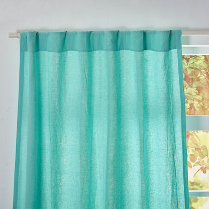 Aqua Green Linen Curtain with Back Tabs Top Detail