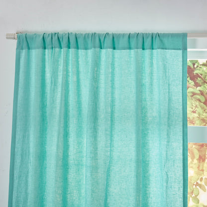 Rod Pocket Detail on Aqua Green Linen Curtain