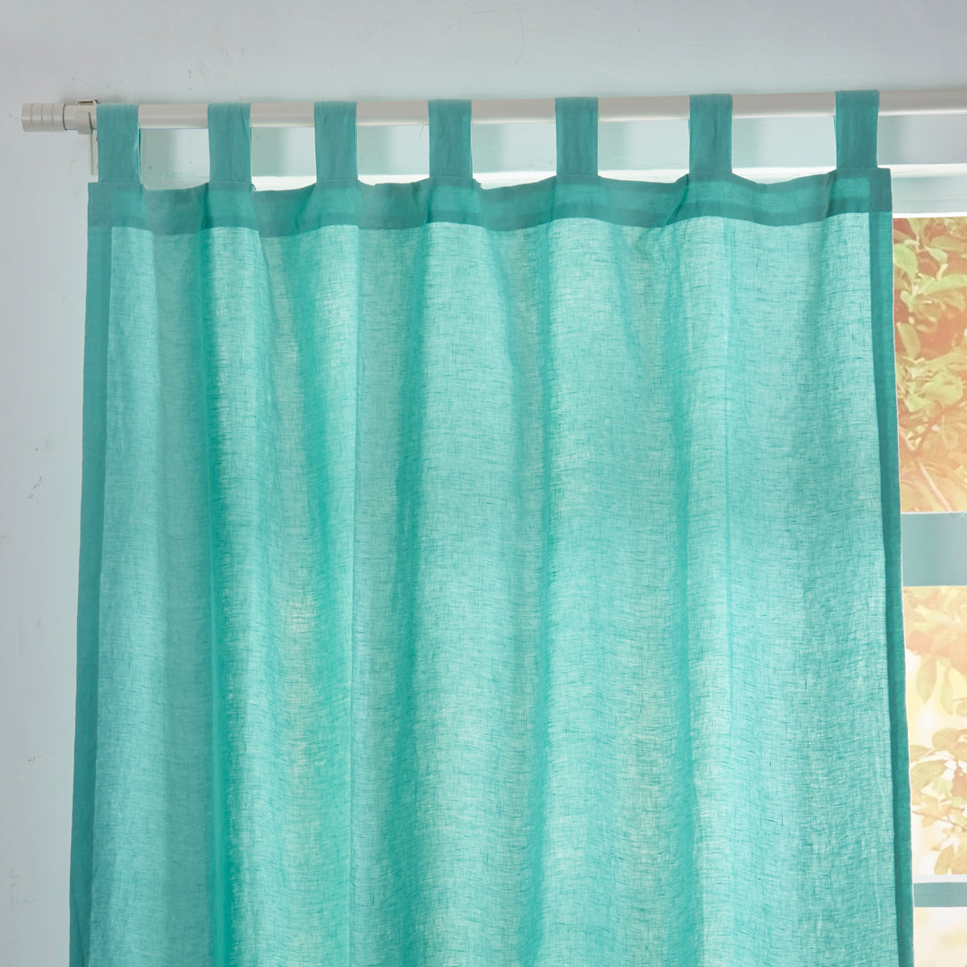 Detail of Tab Top on Aqua Green Linen Curtain
