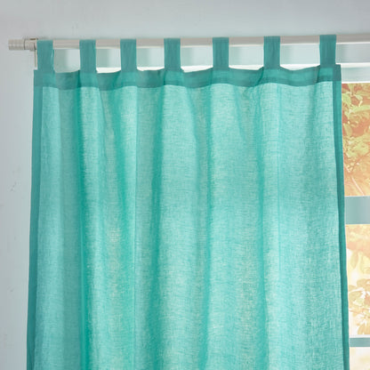 Detail of Tab Top on Aqua Green Linen Curtain