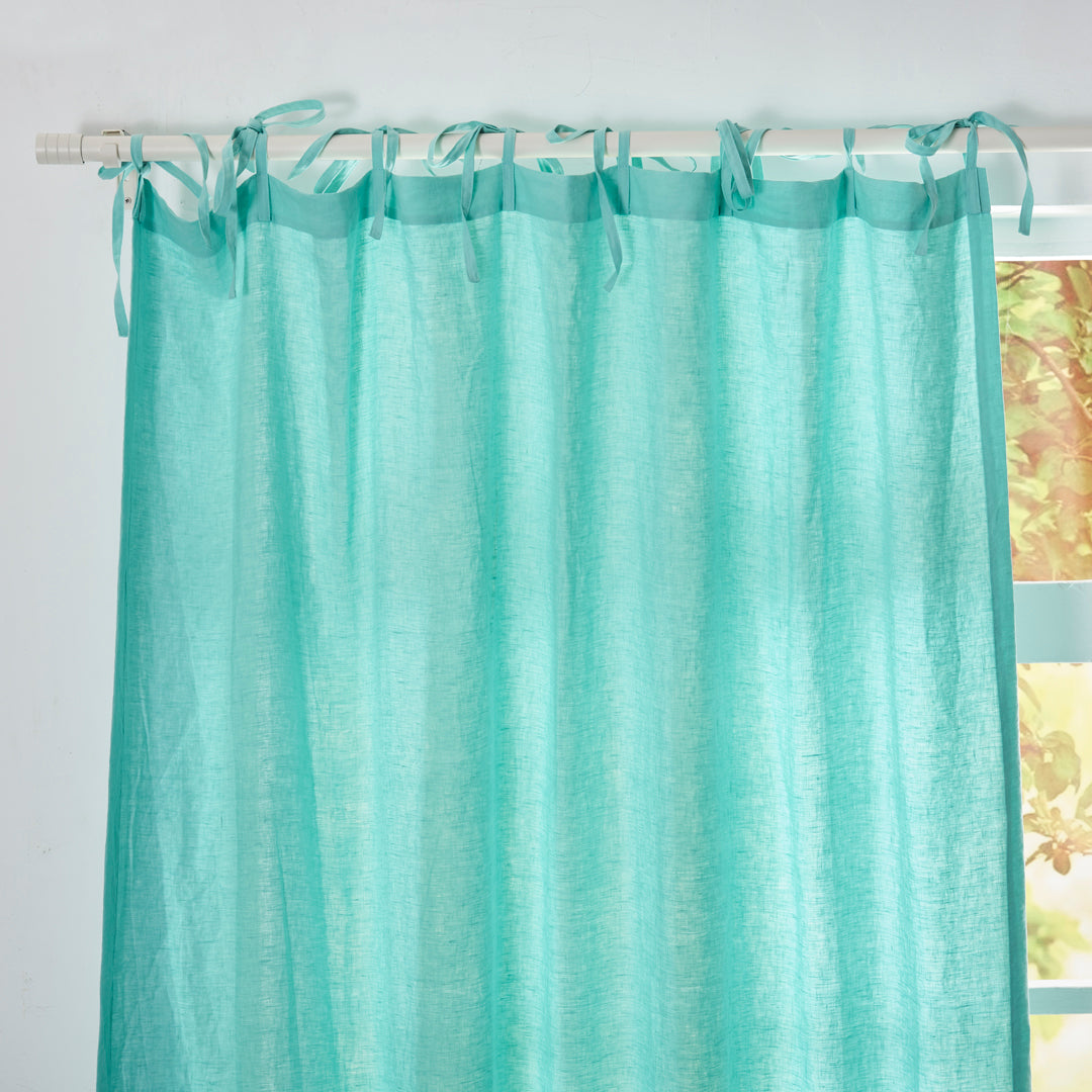 Aqua Green Linen Curtain With Tie Top