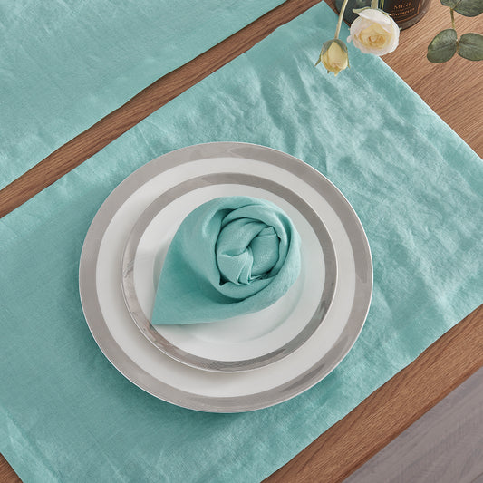 Plain Aqua Green Linen Napkin Folded on Plate