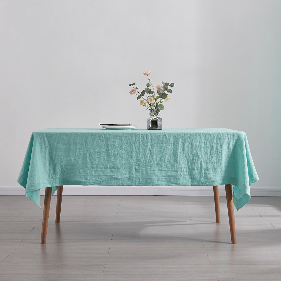 Aqua Green 100% Linen Tablecloth on Table