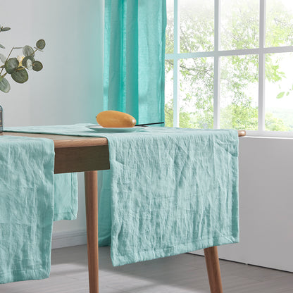 Detail of 100% Linen Plain Table Runner in Aqua Green