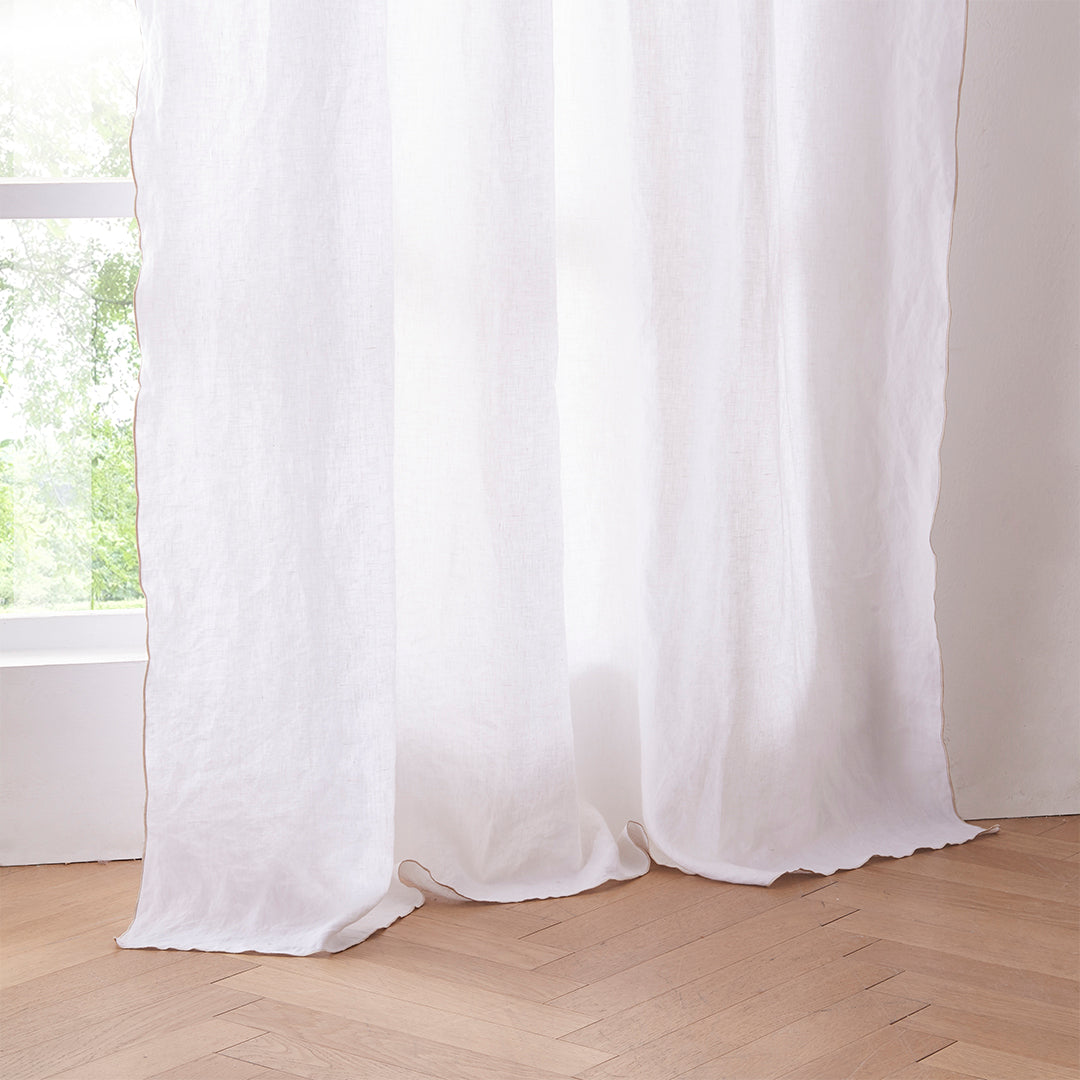 Hem of 100% Linen White Curtain with Beige Embroidered Edge