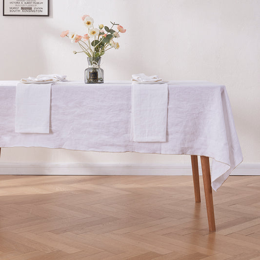 Dining Table with Beige Edge Embroidered Linen Tablecloth