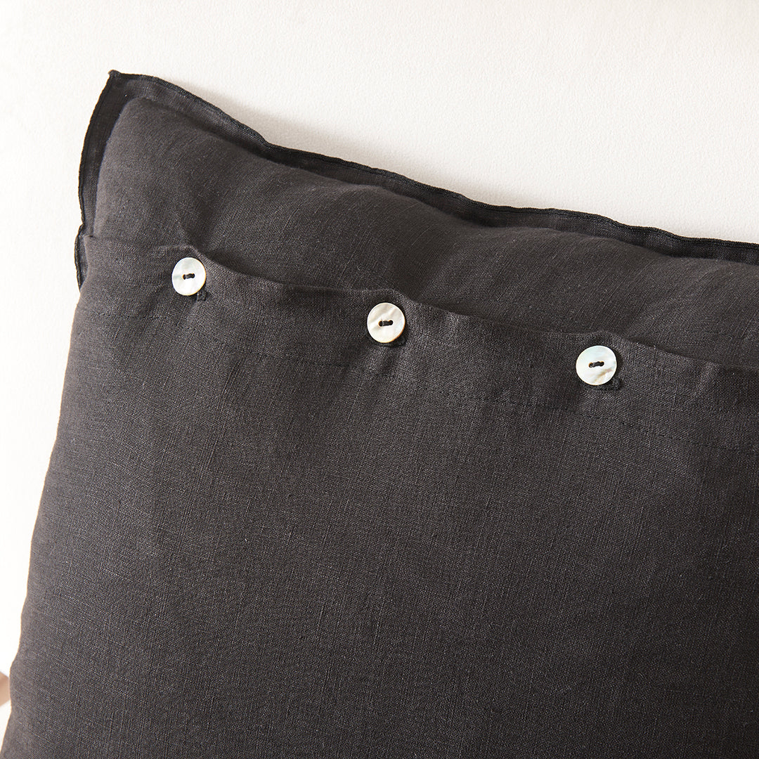 Mother-of-pearl Buttons on Black Linen Throw Pillow Cover