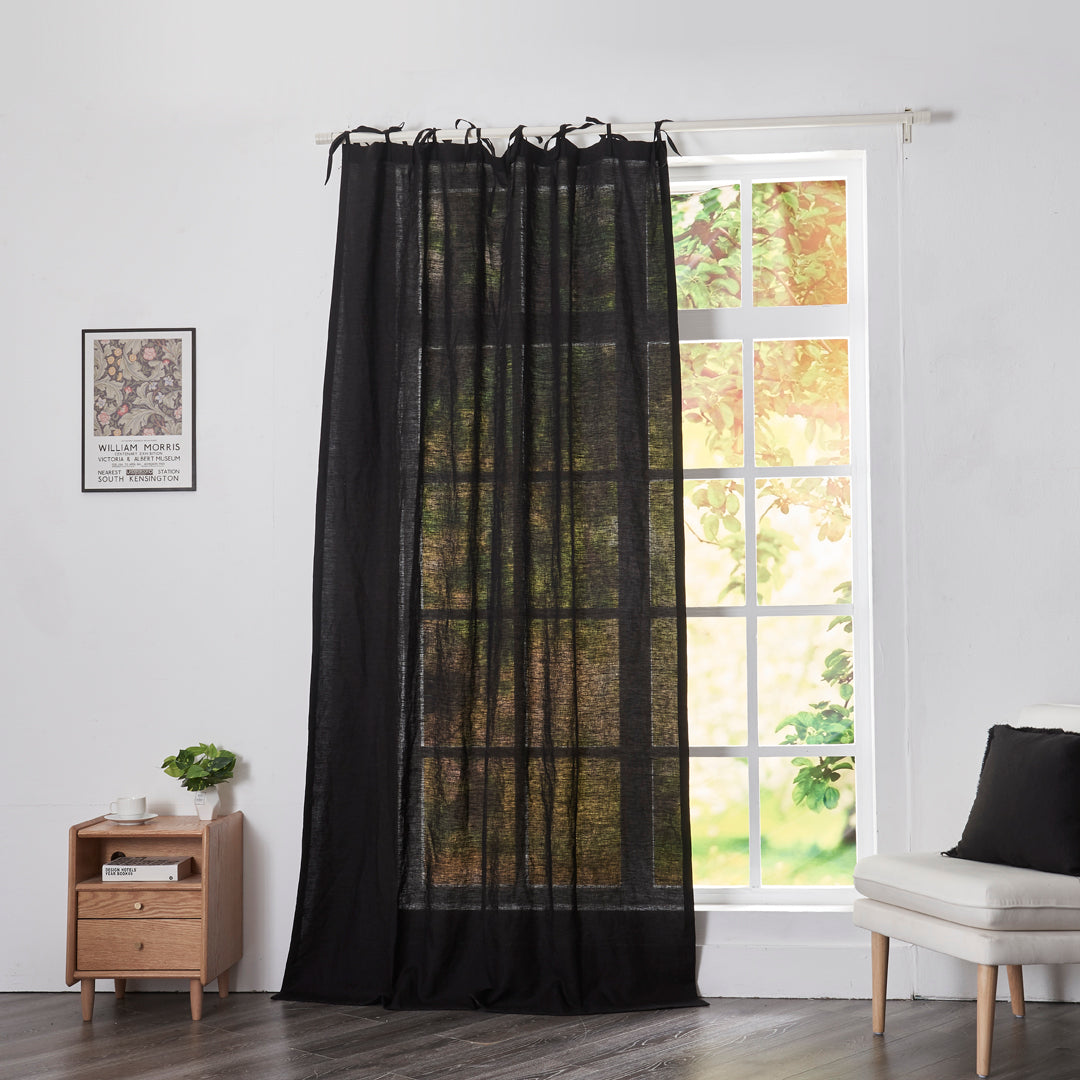 Black Linen Curtain Drapery With Tie Top on Window