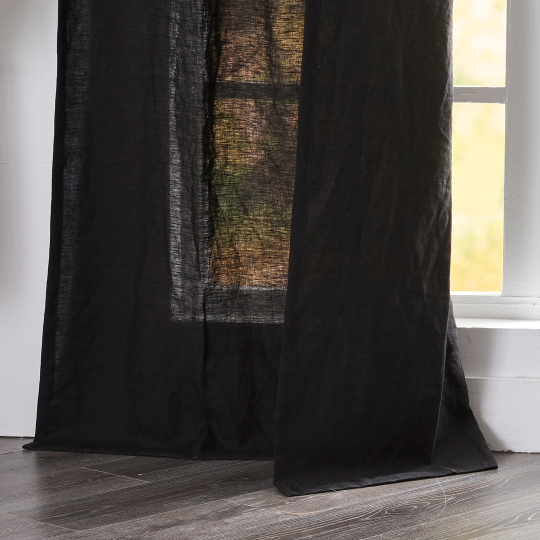 Hem of Black Linen Curtain with Tie Top