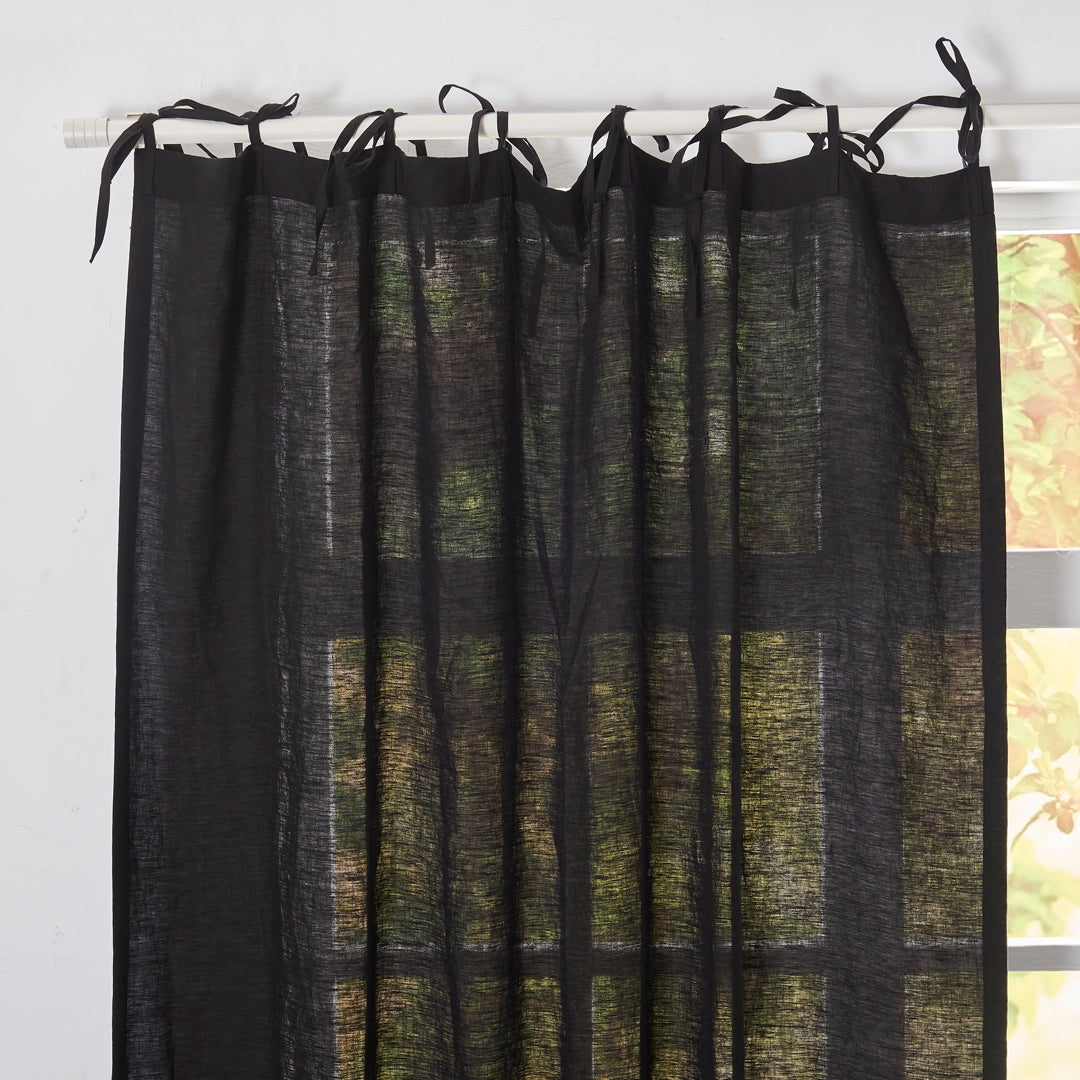 Tie Top of Black 100% Linen Curtain