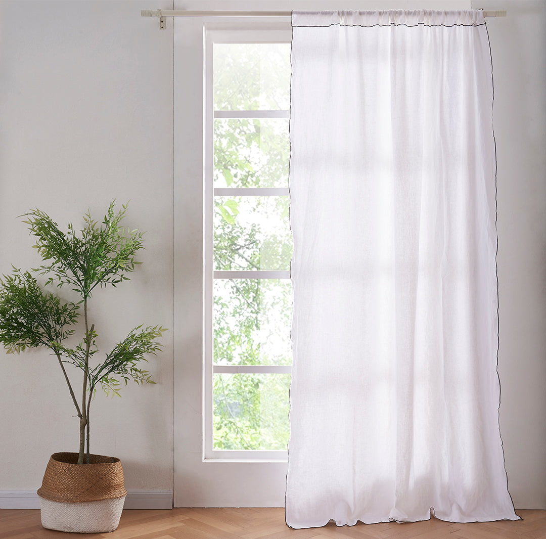 100% Linen White Curtain Panel with Black Embroidered Edge