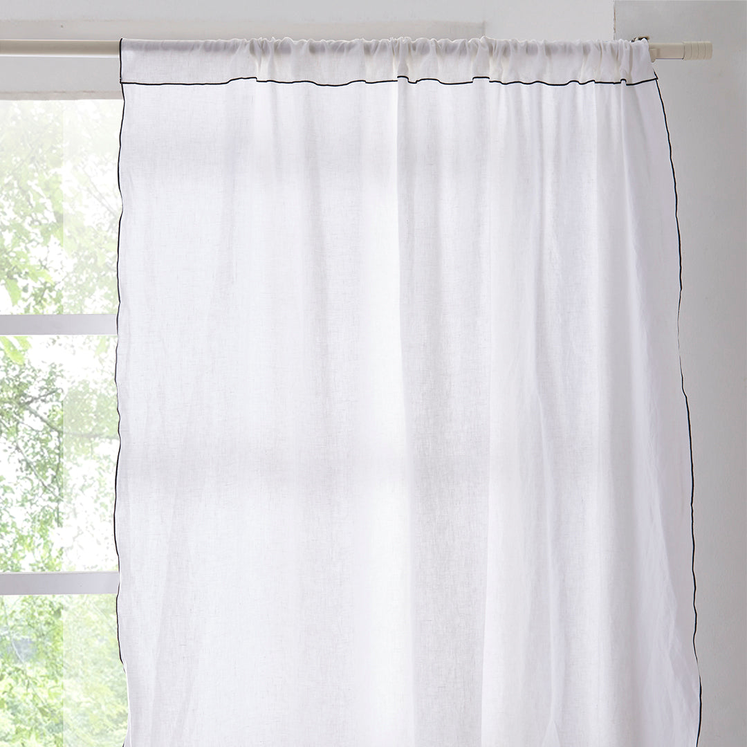 100% Linen White Curtains with Black Embroidered Edge Detail