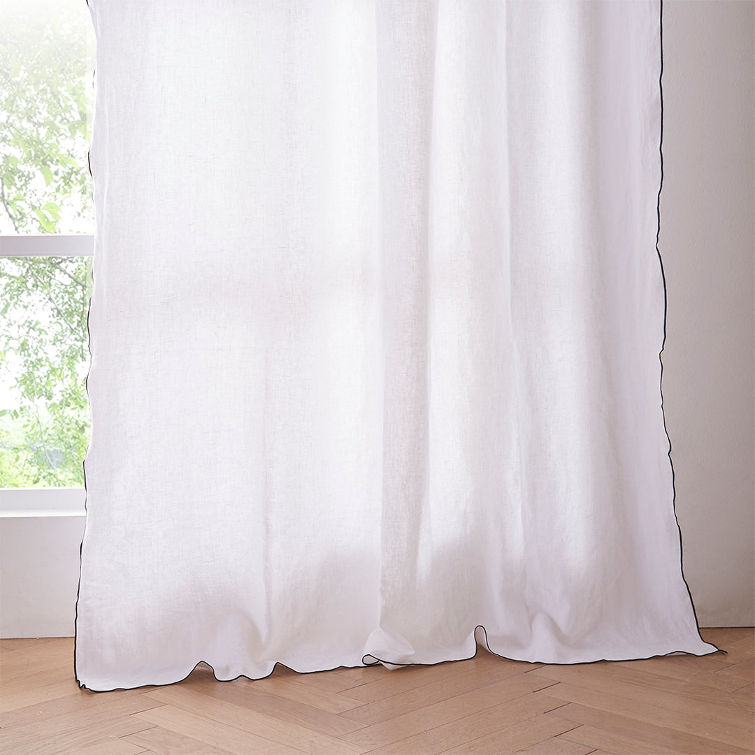 Hem of 100% Linen White Curtain with Black Edge