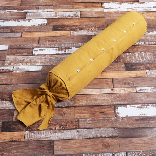 Mustard Yellow Linen Bolster Pillow with Bow Ties and Mother-of-Pearl Buttons