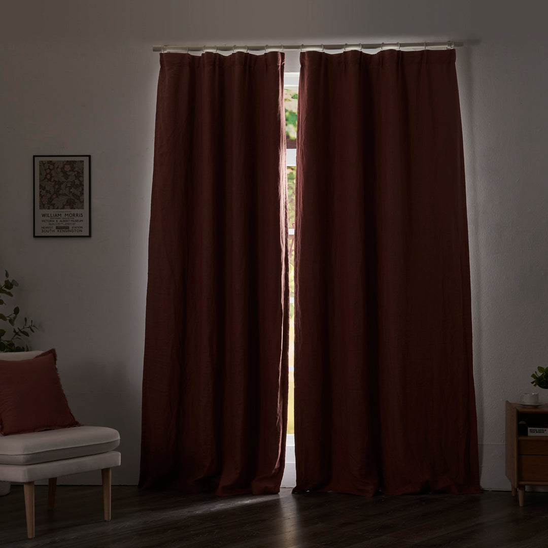 Closed Rust Red Blackout Linen Curtains