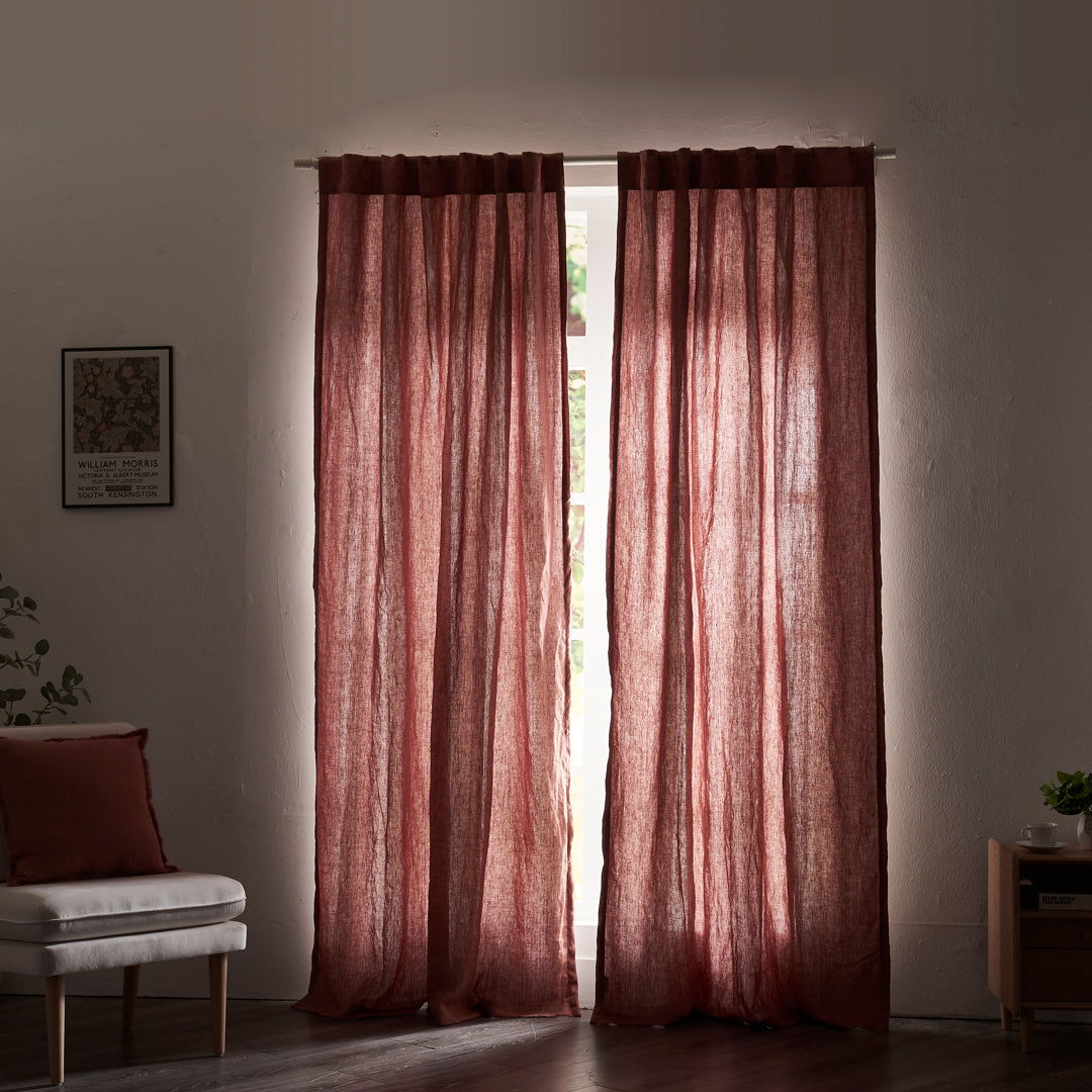 Rust Red Linen Drapery With Cotton Lining Closed Over Window