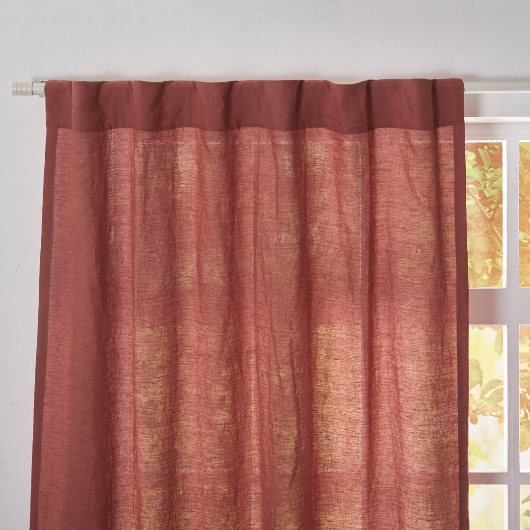 Back Tab Top of Rust Red Linen Curtain