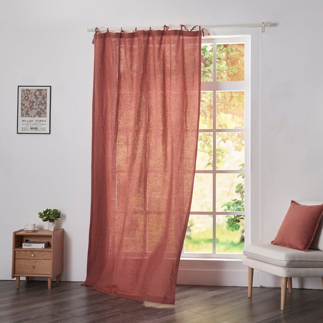 Rust Red Linen Curtain With Tie Top