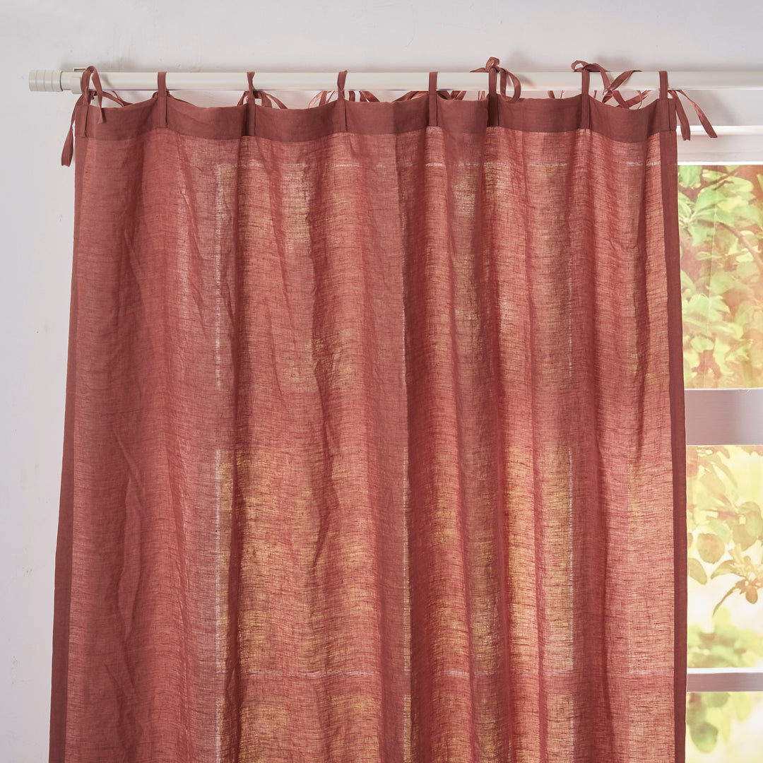 Tie Top Detail on Rust Red Linen Curtain