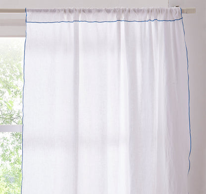 Brilliant Blue Embroidered Edge on White Linen Curtain