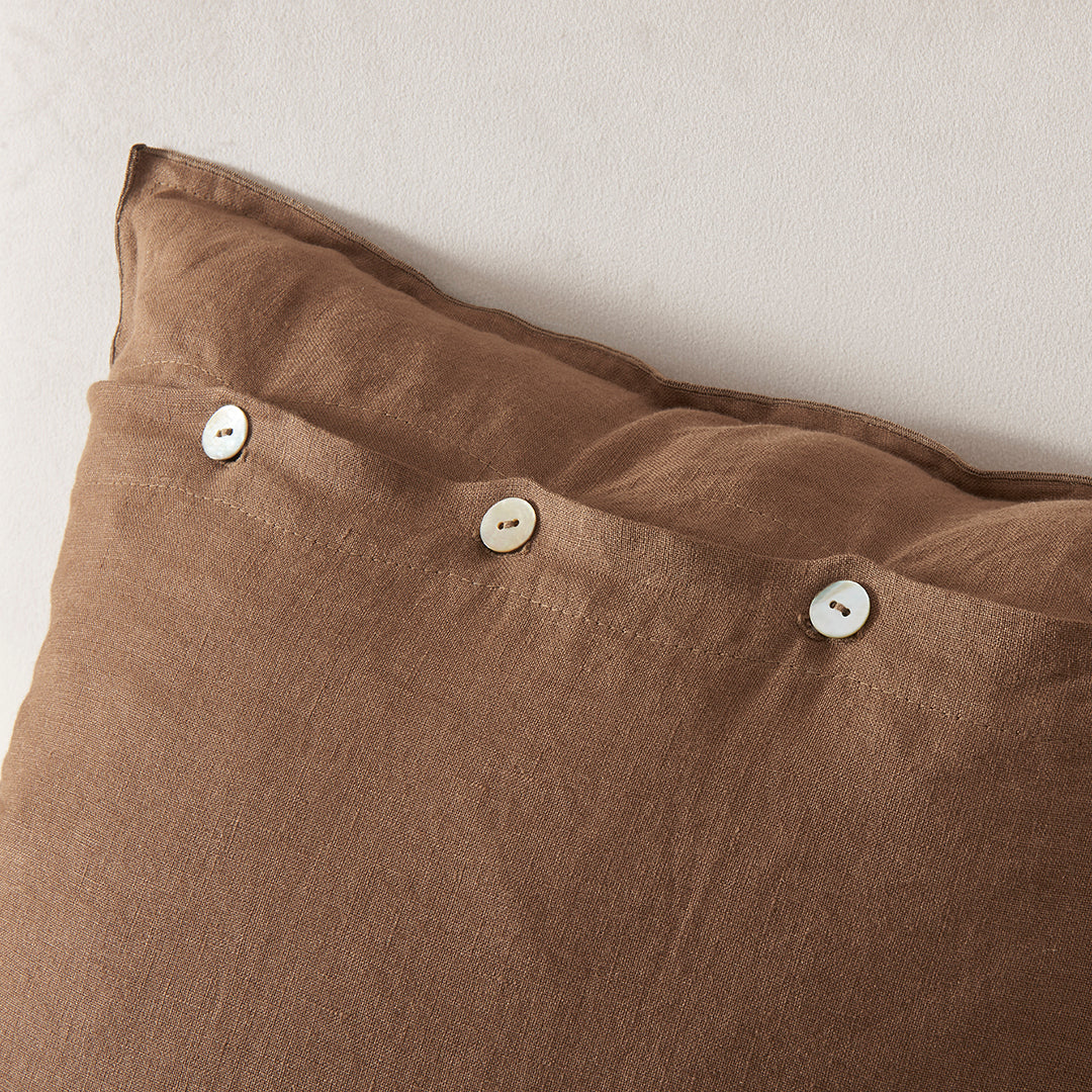 Mother-of-Pearl Buttons on Brown Linen Throw Pillow Cover