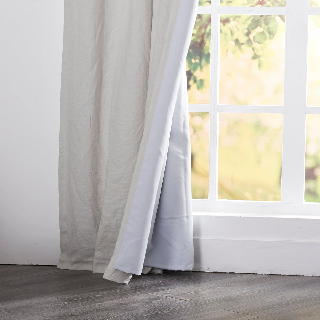 Hem of Blackout Linen Curtains in Cool Gray