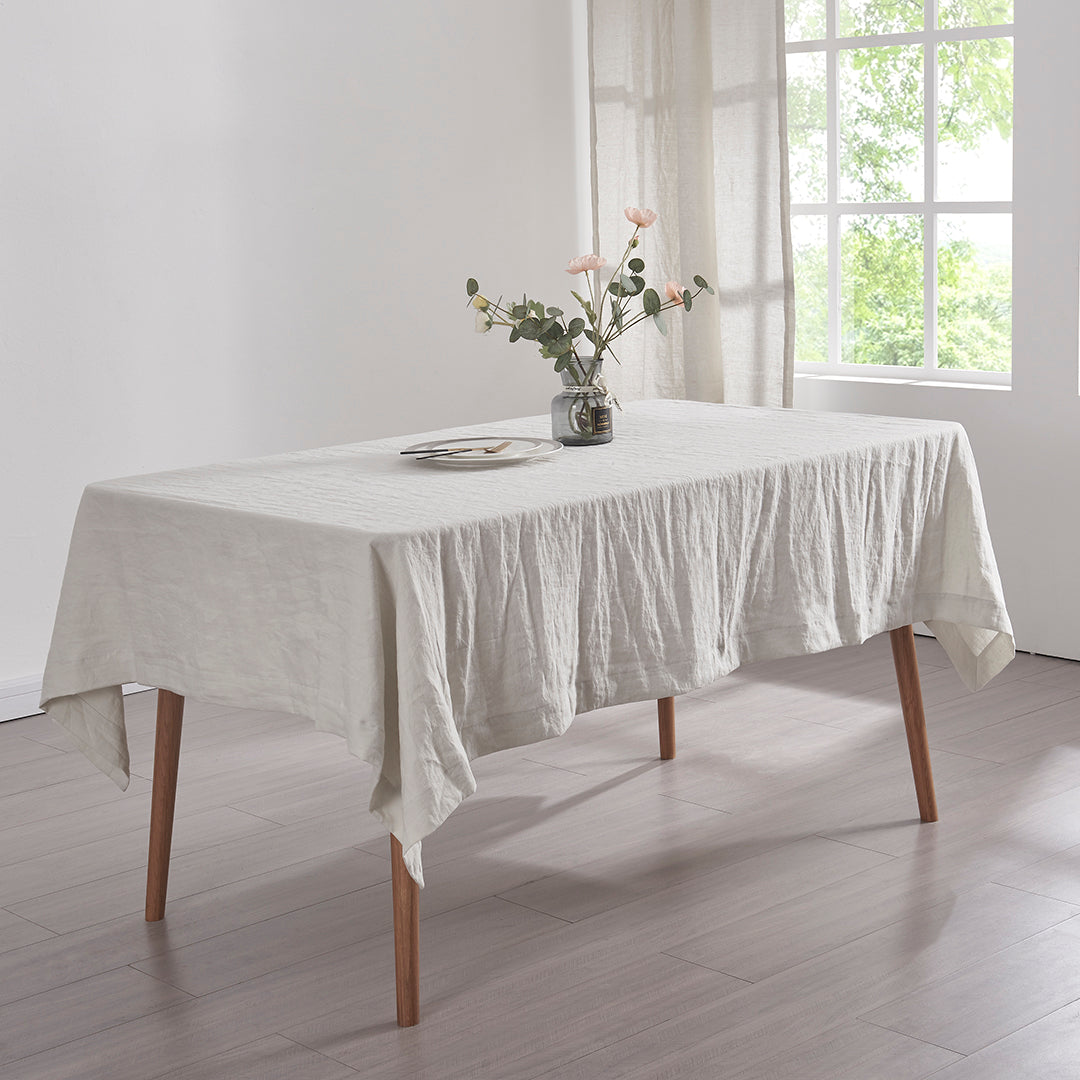 Linen Cool Gray Rectangle Tablecloth on Table