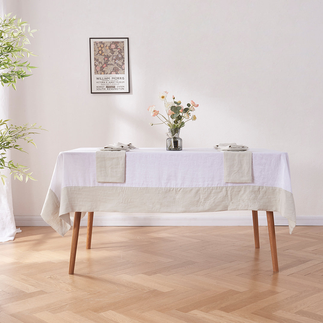 White Linen Tablecloth with Cool Gray Border on Table